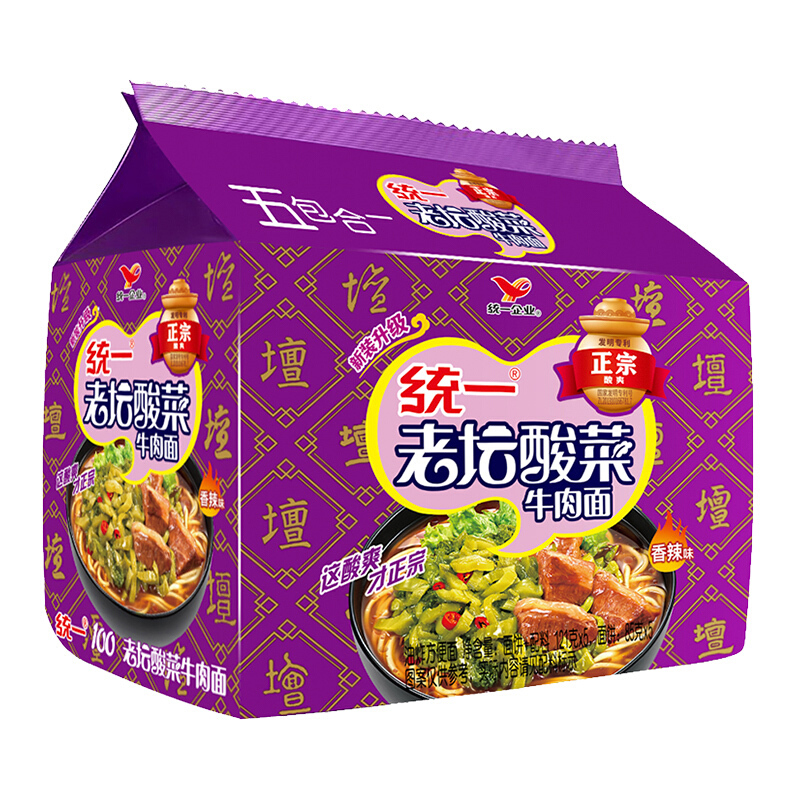 统一 100老坛酸菜牛肉味面 121g*5
